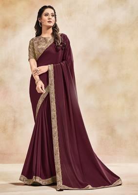 Maroon embroidered satin saree with blouse 1