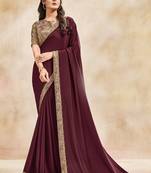 Maroon embroidered satin saree with blouse
