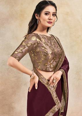 Maroon embroidered satin saree with blouse 2