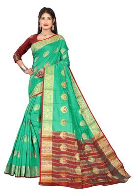 Light green woven banarasi cotton saree with blouse 1