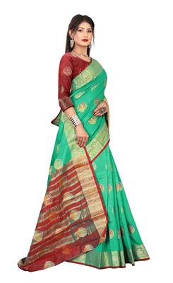 Light green woven banarasi cotton saree with blouse 3