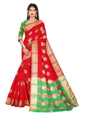 Red woven banarasi cotton saree with blouse 1