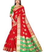 Red woven banarasi cotton saree with blouse