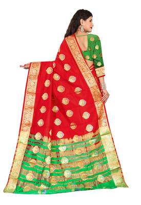 Red woven banarasi cotton saree with blouse 2