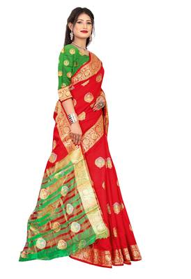 Red woven banarasi cotton saree with blouse 3