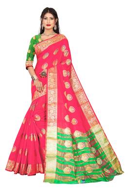 Pink woven banarasi cotton saree with blouse 1