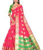 Pink woven banarasi cotton saree with blouse