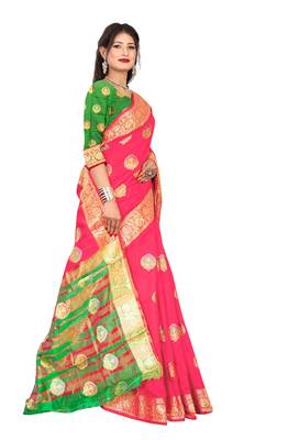Pink woven banarasi cotton saree with blouse 3