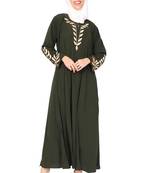 ENTIRE Creep Fabric Olive color Embroideries Work A-Line Abaya Dress with Hijab for Women 