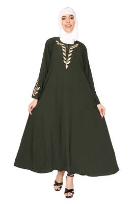 ENTIRE Creep Fabric Olive color Embroideries Work A-Line Abaya Dress with Hijab for Women  2