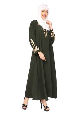ENTIRE Creep Fabric Olive color Embroideries Work A-Line Abaya Dress with Hijab for Women  3