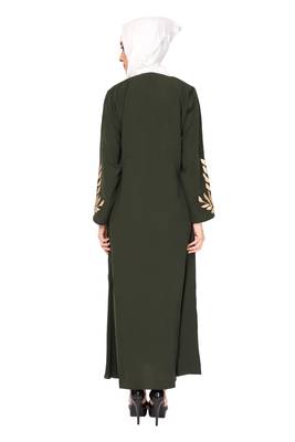 ENTIRE Creep Fabric Olive color Embroideries Work A-Line Abaya Dress with Hijab for Women  4