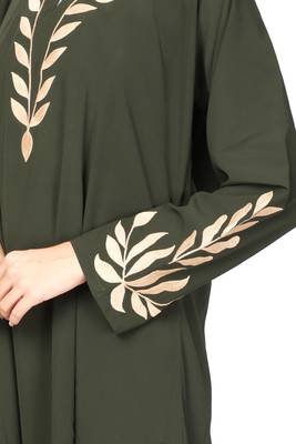 ENTIRE Creep Fabric Olive color Embroideries Work A-Line Abaya Dress with Hijab for Women  5