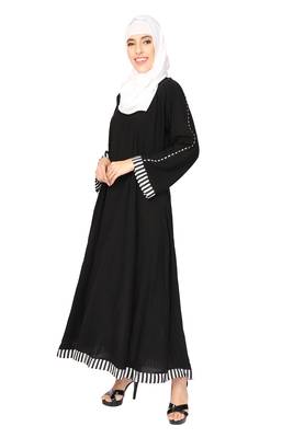 Entire Creep Fabric Print Piping Abaya A Line With Hijab Of Black Color For Girls 3