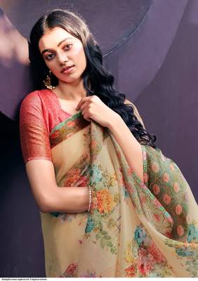Beige printed organza saree with blouse 2