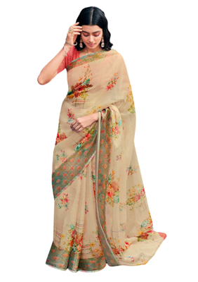 Beige printed organza saree with blouse 3