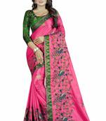Embroidered Fashion Paper Silk Saree With Blouse Piece Pink and Green Color