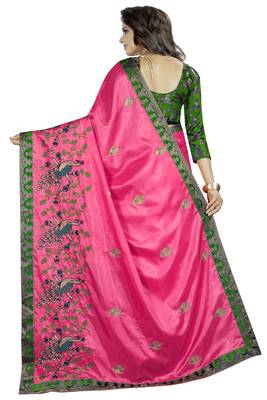 Embroidered Fashion Paper Silk Saree With Blouse Piece Pink and Green Color 2