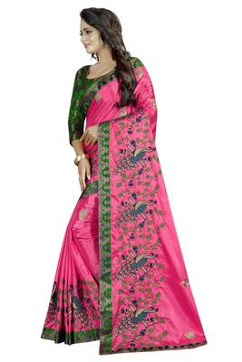 Embroidered Fashion Paper Silk Saree With Blouse Piece Pink and Green Color 3