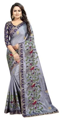 Embroidered Fashion Paper Silk Saree With Blouse Piece Grey and Blue Color 1