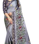 Embroidered Fashion Paper Silk Saree With Blouse Piece Grey and Blue Color