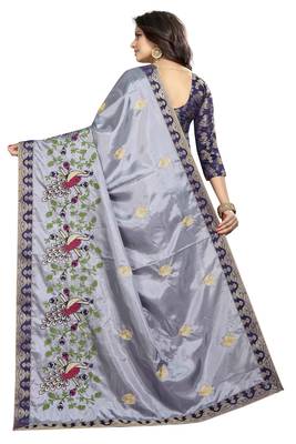 Embroidered Fashion Paper Silk Saree With Blouse Piece Grey and Blue Color 2