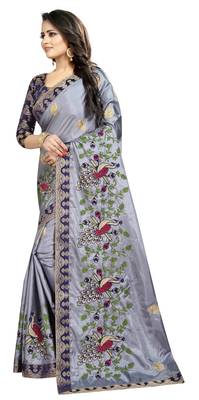 Embroidered Fashion Paper Silk Saree With Blouse Piece Grey and Blue Color 3