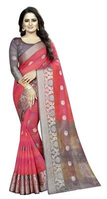 Cotton Pink Color Jacquard Saree With Blouse Piece  1