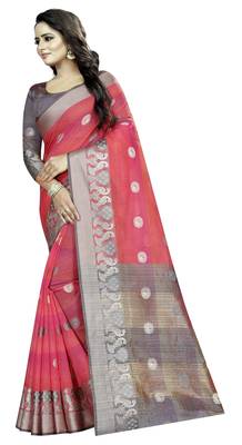 Cotton Pink Color Jacquard Saree With Blouse Piece  3