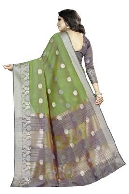Cotton Green Color Jacquard Saree With Blouse Piece  2