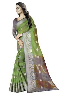 Cotton Green Color Jacquard Saree With Blouse Piece  3