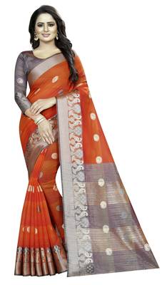 Cotton orange Color Jacquard Saree With Blouse Piece  1