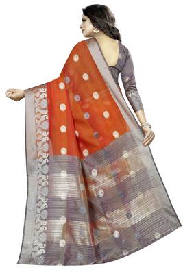 Cotton orange Color Jacquard Saree With Blouse Piece  2