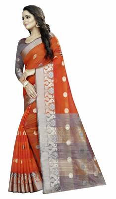 Cotton orange Color Jacquard Saree With Blouse Piece  3