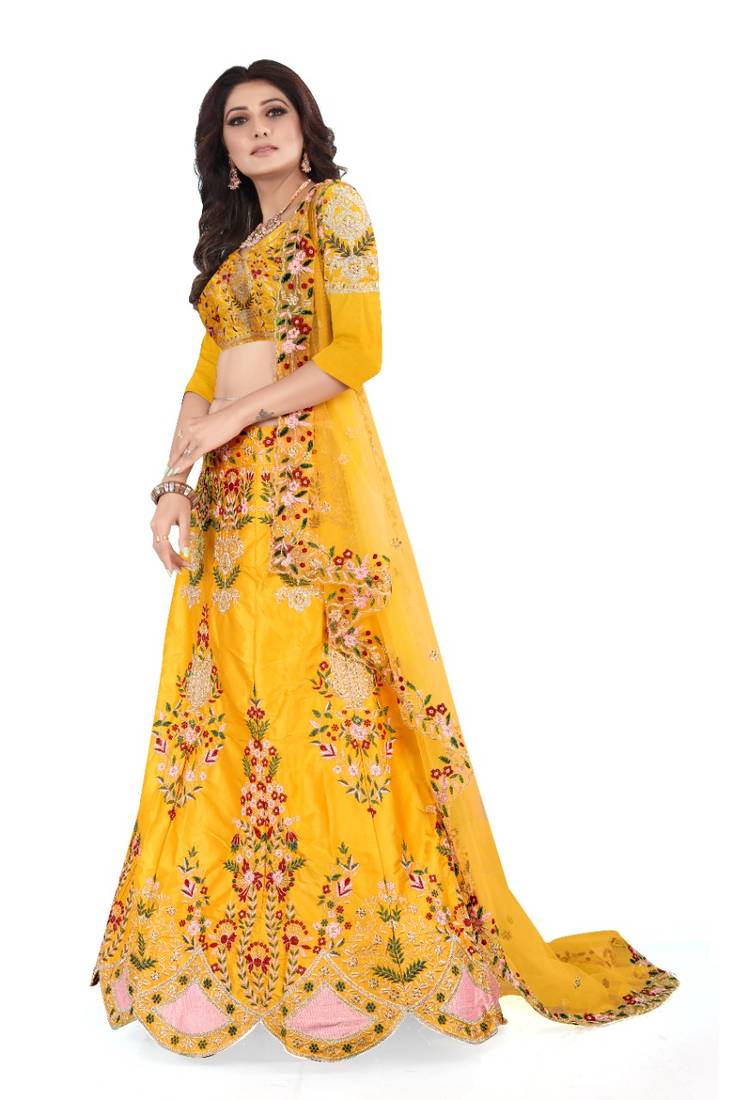 Yellow Embroidered Satin Mehendi Lehenga Choli LC10