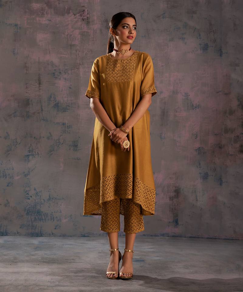 Golden High Low Kurta With Pant & Dupatta 