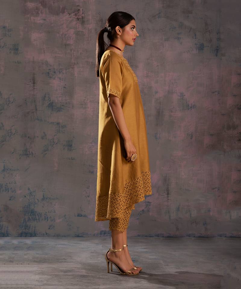 Golden High Low Kurta With Pant & Dupatta 
