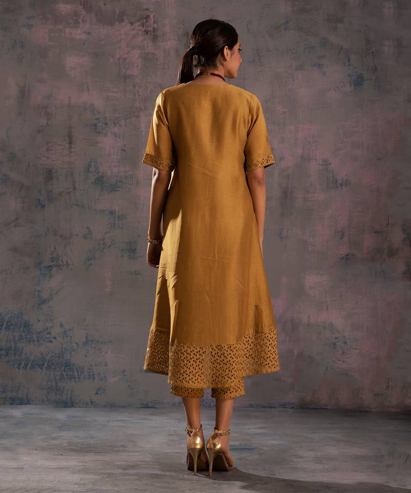 Golden High Low Kurta With Pant & Dupatta 