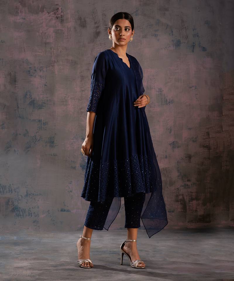 Midnight Blue Flared Anarkali With Pant & Dupatta 