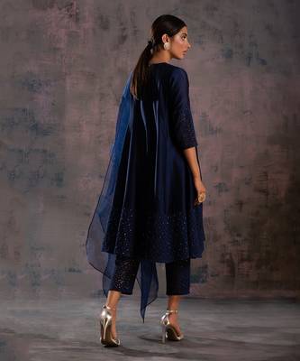 Midnight Blue Flared Anarkali With Pant & Dupatta  3