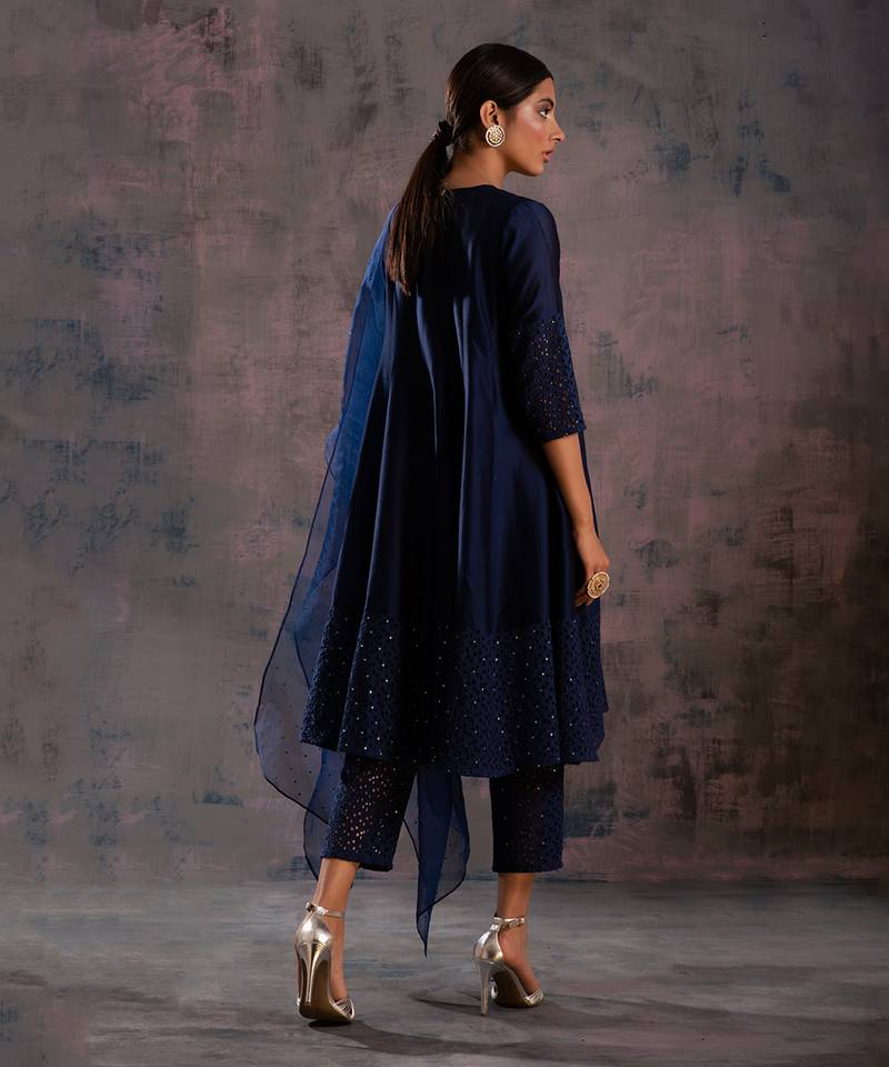 Midnight Blue Flared Anarkali With Pant & Dupatta 