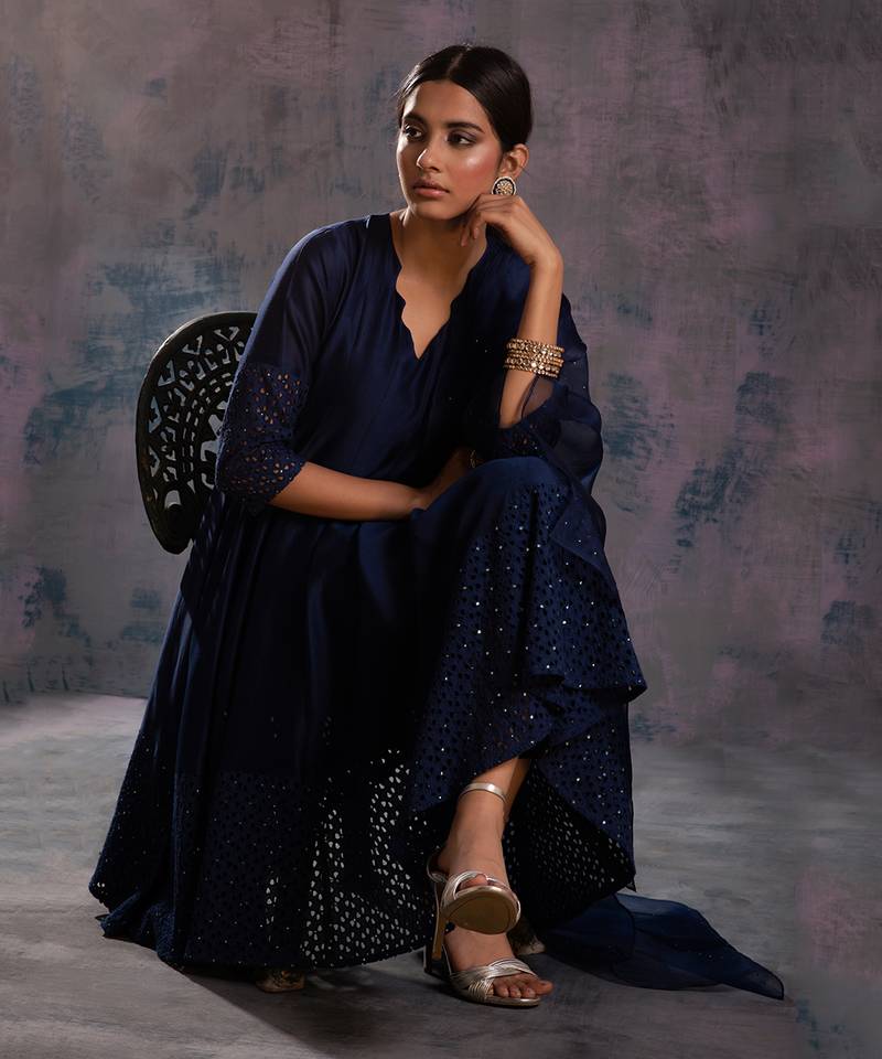 Midnight Blue Flared Anarkali With Pant & Dupatta 