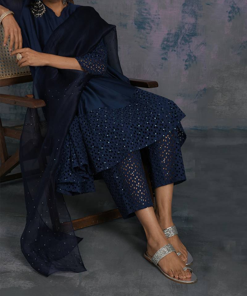 Midnight Blue Flared Anarkali With Pant & Dupatta 