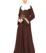 ENTIRE Creep Fabric Embroidered Abaya with Hijab Brown/Wine Color for Girls, Ladies, Women, Burkha