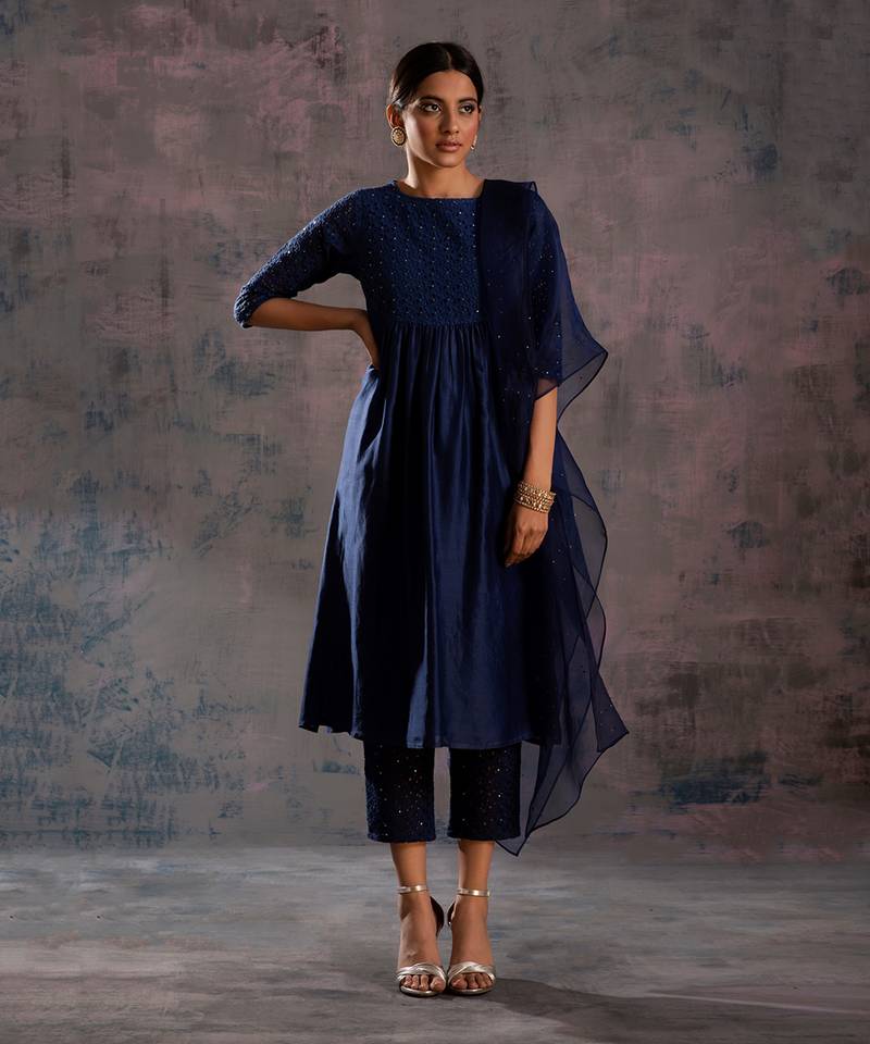 Midnight Blue Round Yoke Kurta With Pant & Midnight Blue Dupatta 