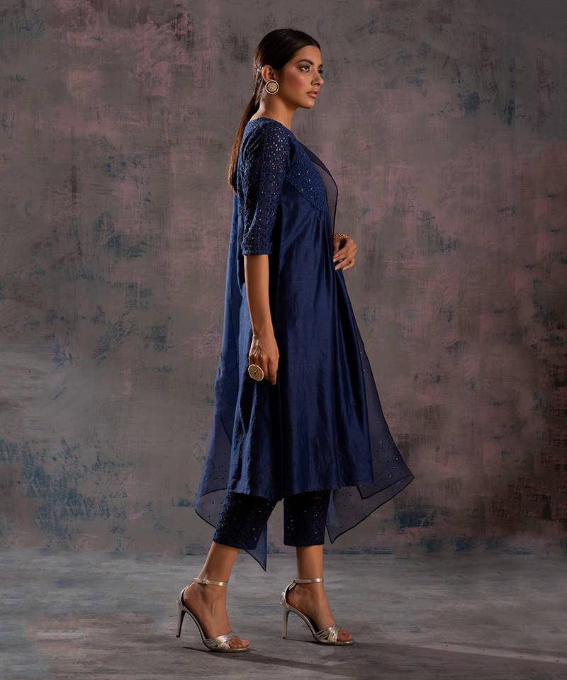 Midnight Blue Round Yoke Kurta With Pant & Midnight Blue Dupatta 