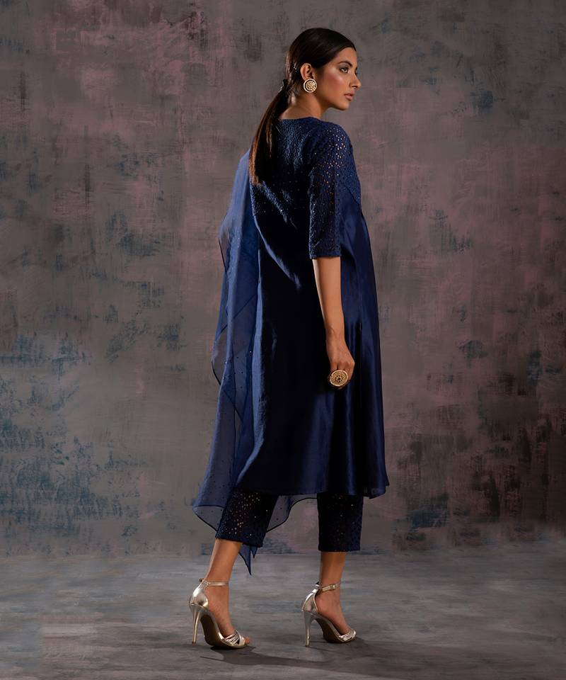 Midnight Blue Round Yoke Kurta With Pant & Midnight Blue Dupatta 