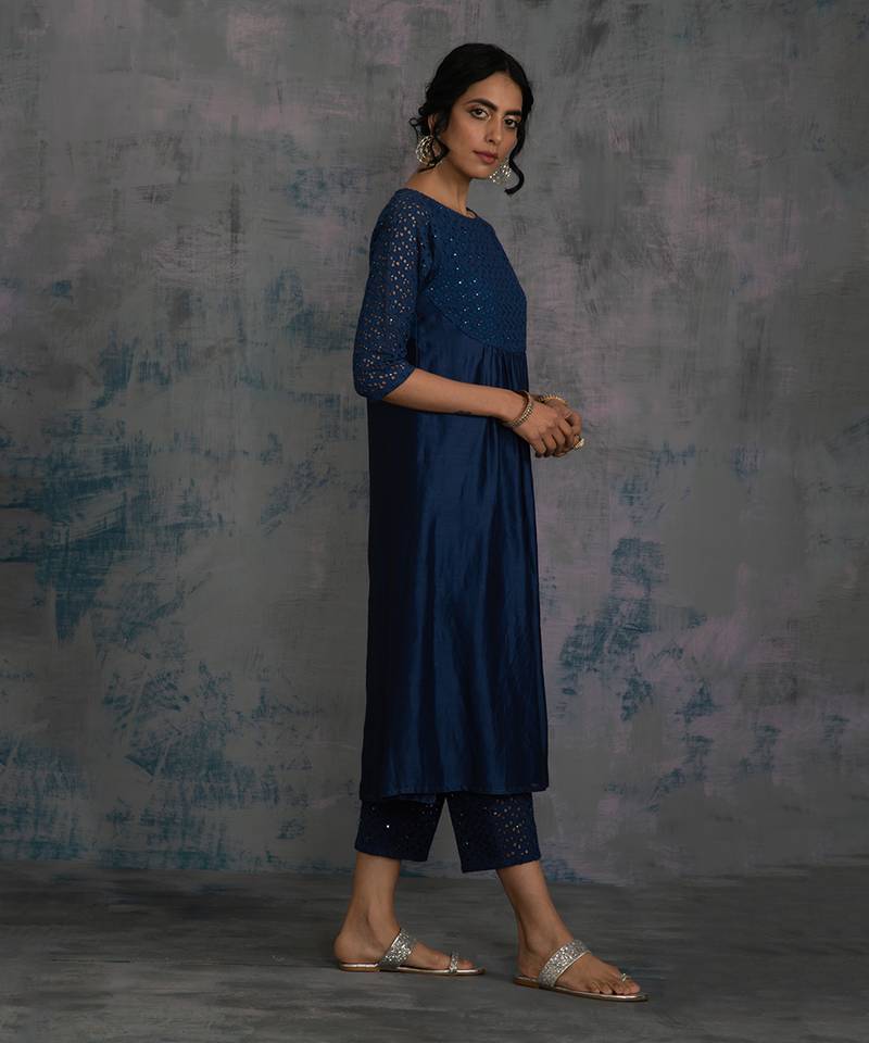 Midnight Blue Round Yoke Kurta With Pant & Midnight Blue Dupatta 