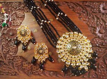 Black designer floral meenakari kundan studed onyx stone multilayer necklace set with earrings 1