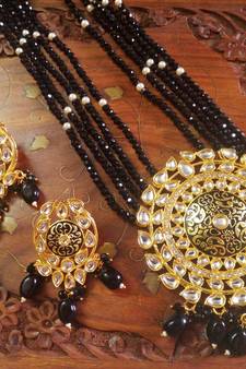 Black designer floral meenakari kundan studed onyx stone multilayer necklace set with earrings